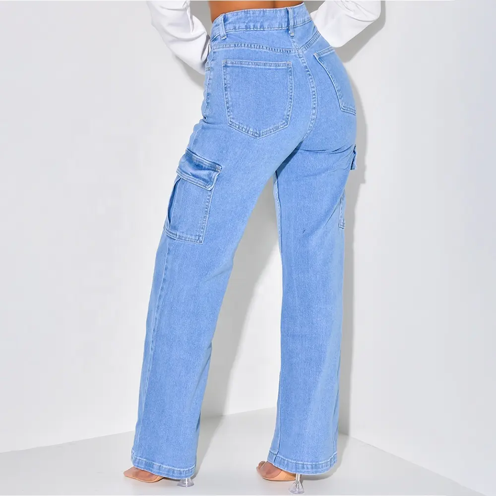 New Fashion Casual Multi Pocket Denim Cargo Pants Straight Loose Jeans High Waist For Women