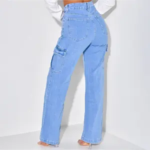 Nueva moda de alta calidad Casual Multi bolsillo Denim Cargo Pantalones de cintura alta Straight Loose Jeans Pantalones para mujeres