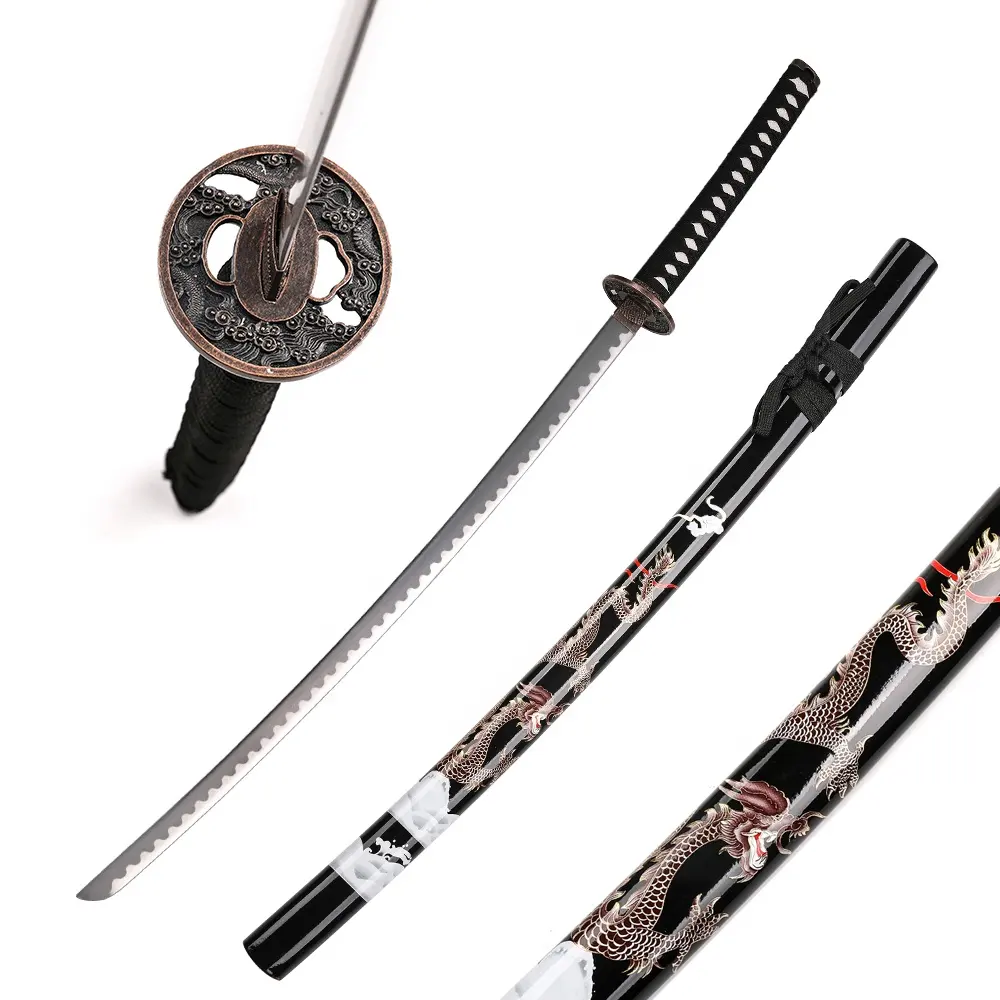Nero fatto a mano giapponese arma tradizionale drago Samurai Katana vera spada di metallo