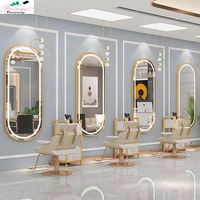 Miroirs de salon de coiffure ovales grands, modernes, portables, décoratifs, en verre, dorés, sur pied, avec éclairage, vente en gros