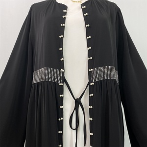 Modest Women Abaya Simple Luxury Rhinestones Pearls Cardigan With Pockets and Front Small Belt Eid Muslim Dubai New Abaya 1402# - Product Image 2