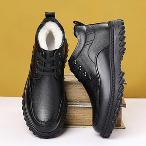 Botas de Nieve de Cuero para Hombre, Forradas de Lana, Antideslizantes, Botas de Exterior Estilo Martin, Tacón Bajo, Suela de Goma - Product Image 1