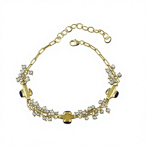 Factory New Sterling Silver <b>Gold</b> Plated Pearl <b>Bracelet</b> with Lapis Hand Jewelry Wholesale Low Price - Product Image 1