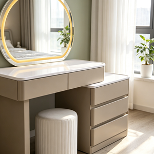 Modern Beige Makeup <b>Vanity</b> With Round LED Mirror Storage Cabinet And White Stool Bedroom Dressing <b>Table</b> - Product Image 3