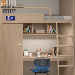 Двухъярусная кровать сталь-дерево с панелями E0 и усиленным стальным каркасом, бортиком 300 мм и широкой прямой лестницей для общежития - Product Image 1