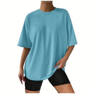 En stock t-shirts femme en polyester tricoté écologique vêtements de base couleur unie été décontracté coupe régulière - Product Image 3