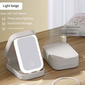 Miroir de maquillage éclairé pratique pour les voyages, étui organisateur, rechargeable par USB, lumière à 3 couleurs, boîte de rangement pour bijoux - Product Image 4