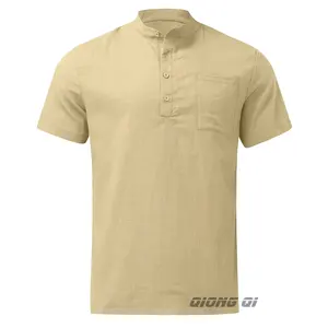 Camiseta solta casual masculina de algodão e linho de gola alta, manga curta, cor sólida, 2024