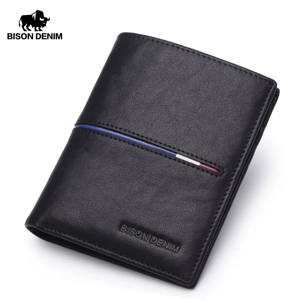 BISON DENIM Brand Genuine First Layer Leather Short Wallet Business Classic Purse Men's Wallet Cards Holder Casual Purse