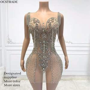 MF Trending Products Club Robes Sexy Bodycon Sheer Mesh Luxueux Dia Strass Robe Mini Avec Gland - Product Image 1
