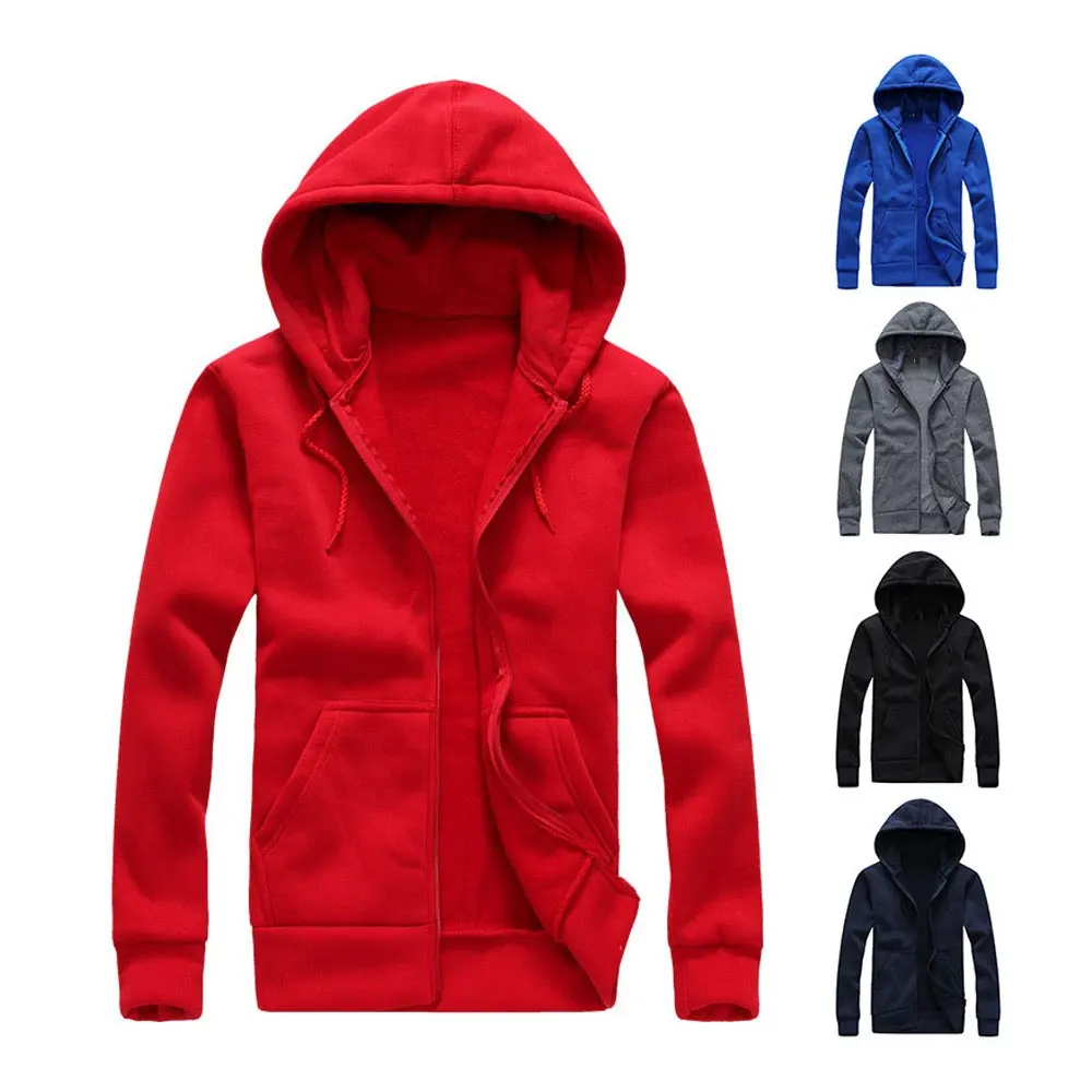 JL-80909 Men Fit Hoodies 80% Cotton 20% Polyester Fleece Full Zip Up Hoodie Solid Color Zip Up Hoodie Rhinestone Red