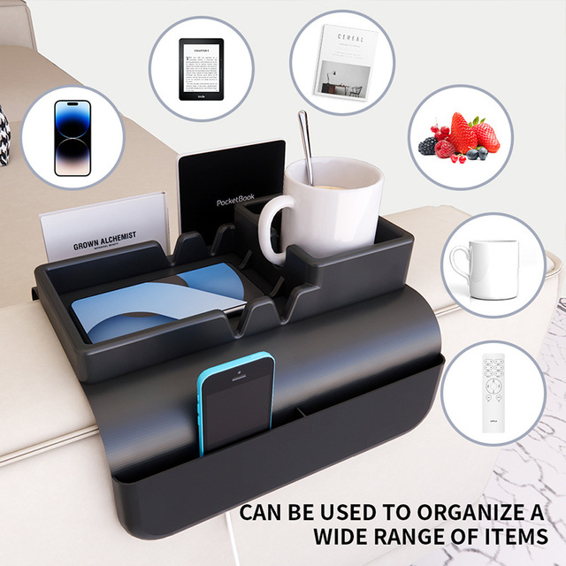 Multifunctional Sofa Armrest Organizer Tray with Cup Holder Remote Control Phone Tablet Storage Caddy