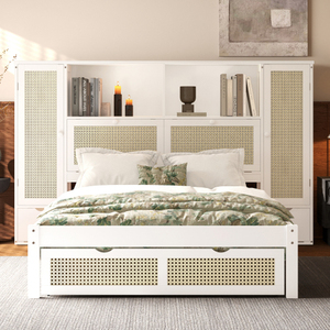 Twin Size Wooden <b>Bed</b> with Two Storage Lockers Drawer Storage Shelf on Headboard Multifunctional Platform <b>Bed</b> with Natural Rattan - Product Image 2