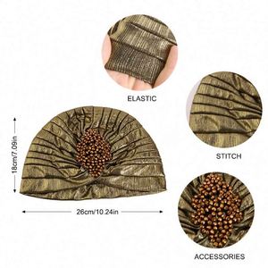 Venta al por mayor de turbantes para mujer con accesorios metálicos, sombrero indio de poliéster sólido, de lujo, transpirable, étnico, musulmán, para uso diario. - Product Image 3