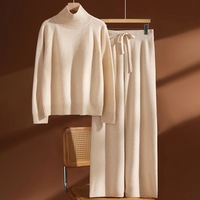 Ensemble pull en pure laine à col haut épais pour femme, automne-hiver, avec pantalon large à tricot plat, pantalon long décontracté, ensemble deux pièces