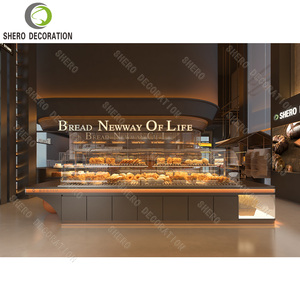 Comptoir de présentation de gâteaux et desserts en verre incurvé haut de gamme pour boulangerie de luxe, présentoir à pain, mobilier de boulangerie en bois - Product Image 1
