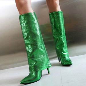 Large Size 47 Sequin Materials Thin High Heel Overlay Boots Wide Fit Stiletto <b>Shoes</b> Women's Knee High Pants Booties - Product Image 2
