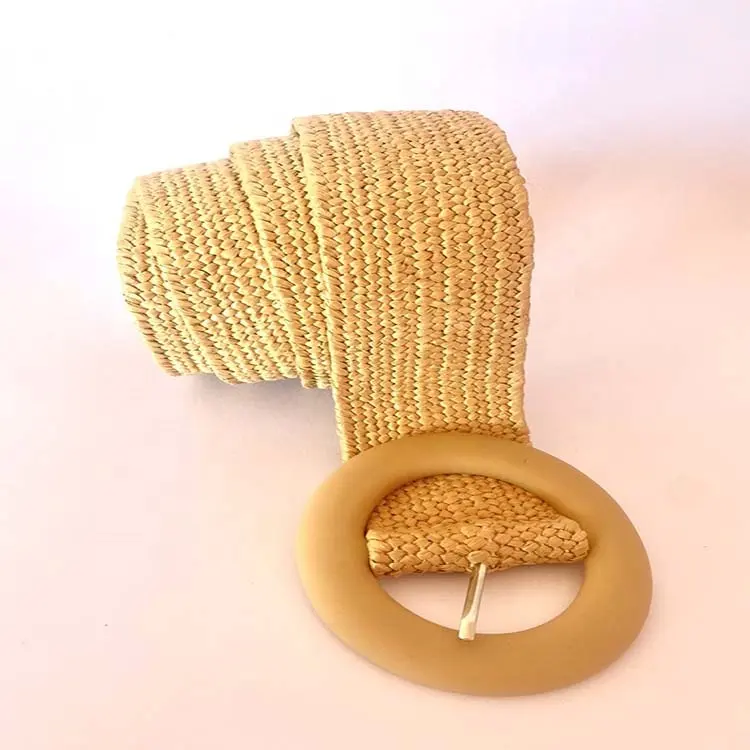 Ceinture tressée pour femme personnalisée Sangle large extensible Designer Boucle ronde en plastique tissé élastique PP Ceinture en paille ceintures en raphia