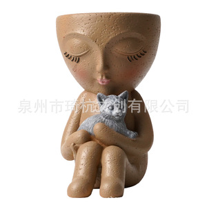 Seated Girl Holding Cat Or Dog Resin <b>Vase</b> Creative Succulent Flower Pot Garden Decoration Outdoor Planters - Product Image 4