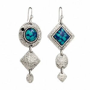 Orecchini pendenti asimmetrici con texture vintage blu-verde per donna - Product Image 6