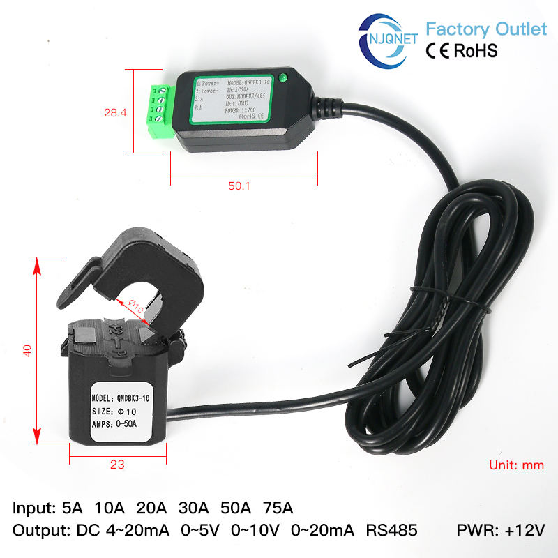 Split Core Current Transducer Modbus QNDBK3-16 Ac 10A 20A 50A 100A 200A Output RS485 Clamp Ct Digital Current Transformer Sensor