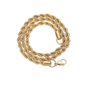 Kalung Rantai Tali Berlapis Emas 18K, Kalung Rantai Putar Bahan Baja Tahan Karat 5Mm, Kalung Rantai Tali Chunky Emas untuk Pria dan Wanita
