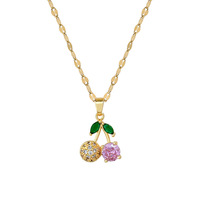 Mode 2-delige set roze zirkoon CZ fruit kersen oorringen dames ijs-effect kubieke zirkonia CZ kersen ketting sieradenset