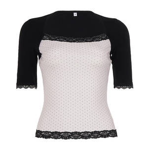 Women's Polka Dot Print Lace <b>Patchwork</b> Two Layer Look Knit T Shirt Three Quarter Sleeve Casual Fashion <b>Top</b> - Product Image 6