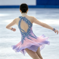Robe de patinage artistique dégradé rose-violet, manches longues, dos découpé, strass, jupe de compétition, personnalisable pour enfants, adolescents et adultes, OEM