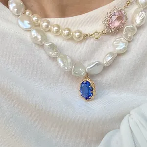 大尺寸不规则天然珍珠真品淡水巴洛克珍珠珠珠蓝宝石项链女士首饰