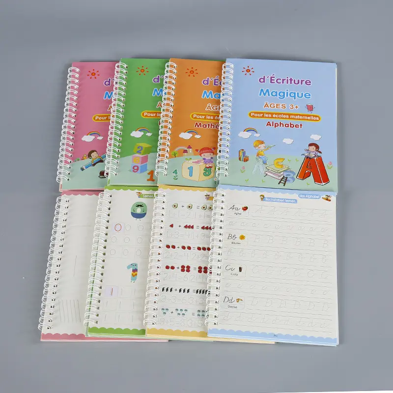 Caderno de caligrafia reutilizável para crianças, conjunto de livros de escrita francesa manual, conjunto com caneta, para prática, atacado