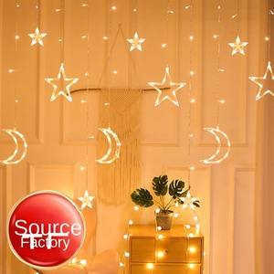 Lampu <span class=keywords><strong>String</strong></span> LED Solar Lintas Batas dengan Desain Bintang dan Bulan untuk Dekorasi Tirai Liburan Natal - Product Image 1