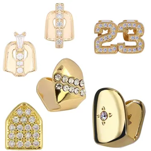 Bling initial number tooth Grillz 18K real gold plated single diamonds tooth dental grills silver teeth Grillz