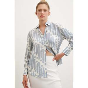 Modern Pattern Modal Shirt Women's Button <b>Down</b> Cut Out Poplin Indigo Everyday Wear - Product Image 1