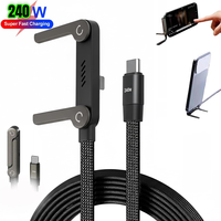 Câble de charge rapide tressé PD 240W avec support de téléphone pliable, cordon de chargeur USB-C vers USB-C durable, cordon de type C pour ordinateur portable