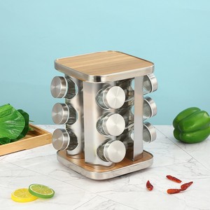 ชั้นวางขวดเครื่องเทศไม้หมุนได้พร้อมชุดขวดแก้วสแตนเลสและฐานหมุน - Product Image 4