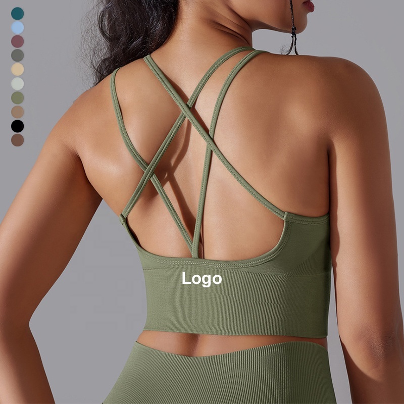 2024 YIYI Strappy Women Gym Fitness Sports Bra U-Neck Cross Back Padded Yoga Tank Top Seamless Workout Spaghetti Strap Bras