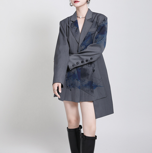 Chaqueta plisada con estampado de tinta de estilo nacional para mujer, diseño original con estampado de diseño irregular - Product Image 2