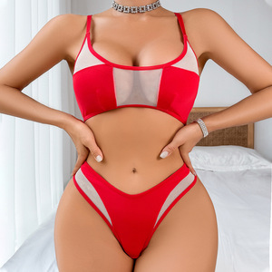 Ensemble soutien-gorge et culotte patchwork contrastant en maille transparente sexy – Lingerie fine pour la vente en gros - Product Image 3