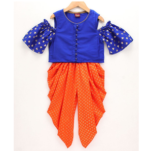 Ensemble de tenue traditionnelle pour filles, haut à épaules dénudées et pantalon dhoti imprimé, bleu et orange, pour les fêtes - Product Image 4