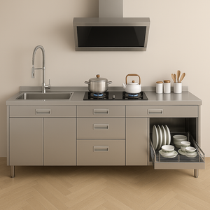 خزانة مطبخ بتصميم مخصص ، خزانة مطبخ حديثة سهلة الاستخدام من الفولاذ المقاوم للصدأ - Product Image 5