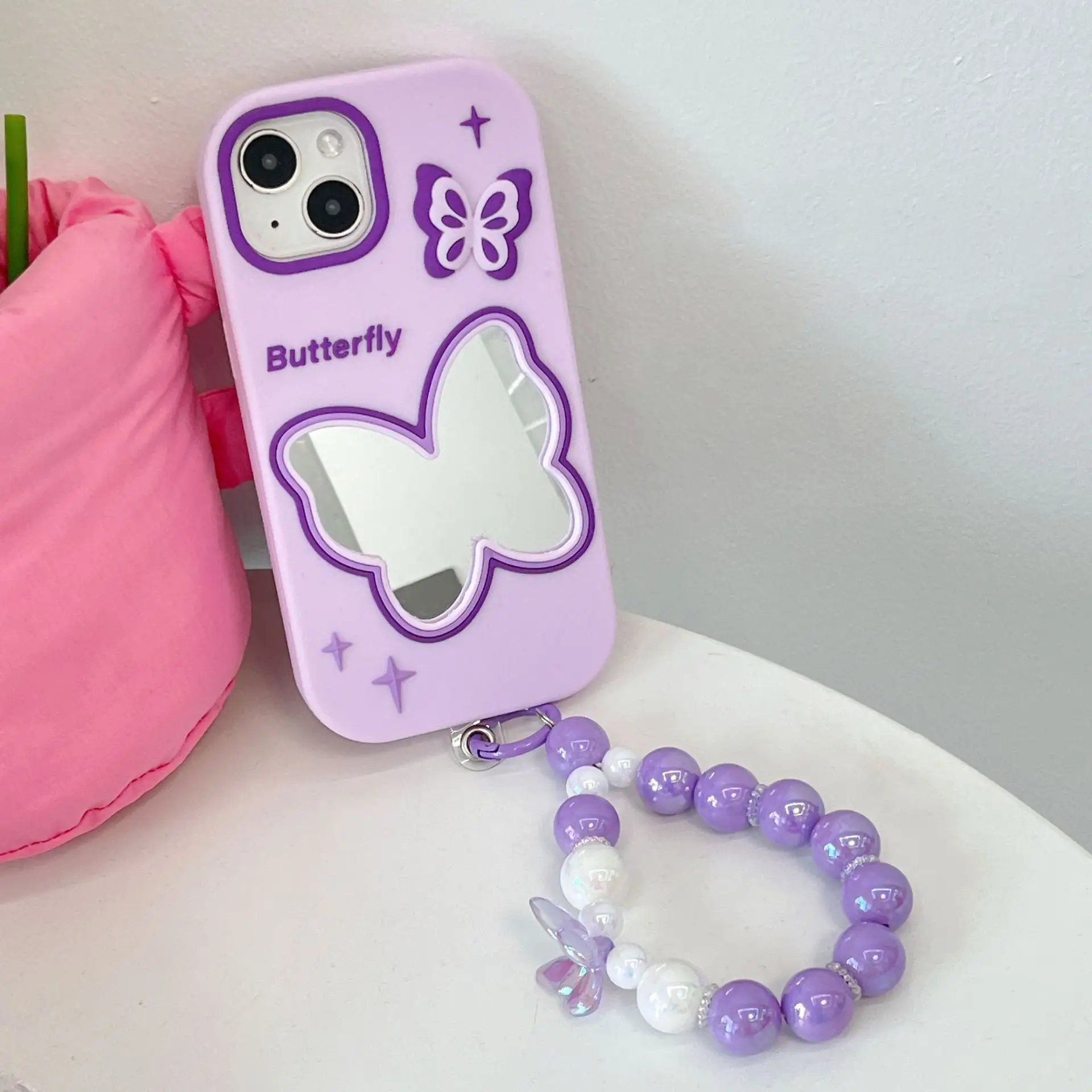 Ins popular purple Makeup mirror Butterfly phone case with phone strap for iphone 11 12 13 14 plus/pro/pro max