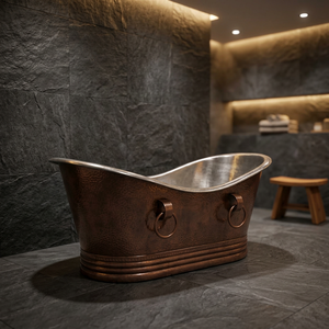 Baignoire ovale autoportante de luxe en cuivre antique avec poignées annulaires marron pour adulte, pour salle de bain à domicile - Artisanat indien - Product Image 3