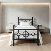 Cadre de lit plateforme moderne pliable en métal noir avec design géométrique en anneau, tête et pied de lit, taille simple pour chambre à coucher, appartement, hôtel