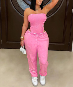 Washed <strong>Strapless</strong> <strong>Bodysuit</strong> and Jogger Pants Set for Women 2025 Trendy Two Pieces Jogging Suit Active 2 Piece Sets - Product Image 4