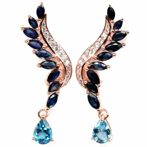 Natural Heated Deep Blue Sapphire London Blue Topaz With CZ Earrings In Silver Jewelry
