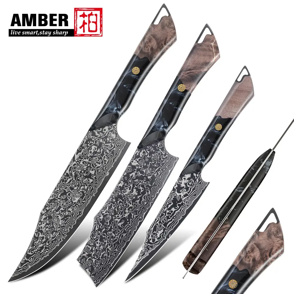 Amber Innovative No resistance DLC like Black Blade Finished Damascus Set de couteaux de chef Set de couteaux de cuisine japonais