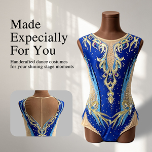 Traje de competición de gimnasia rítmica sin mangas para niñas, de spandex/algodón, azul y dorado con pedrería, para actuaciones infantiles - Product Image 1
