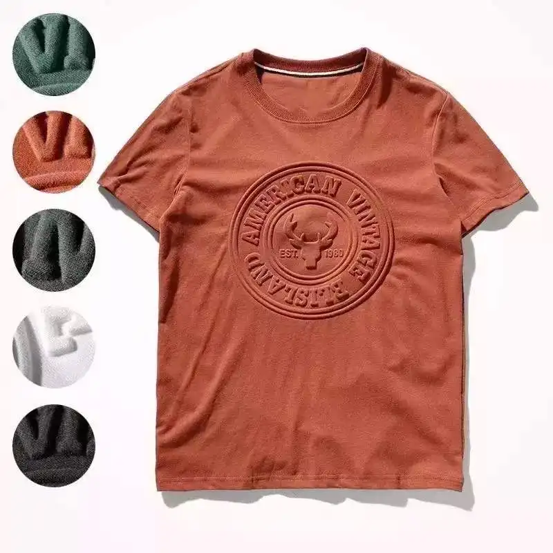 2022 Factory Customized Logo Pure Cotton 3D Embossed Gravure Printing Design Solid Color Casual Fashion Men's T-Shirt