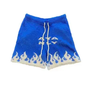 Men' S Blue Oversized Sweat Shorts Custom Logo Unisex Embroidery Drawstring Breathable Streetwear Mohair Shorts With Pockets Men
